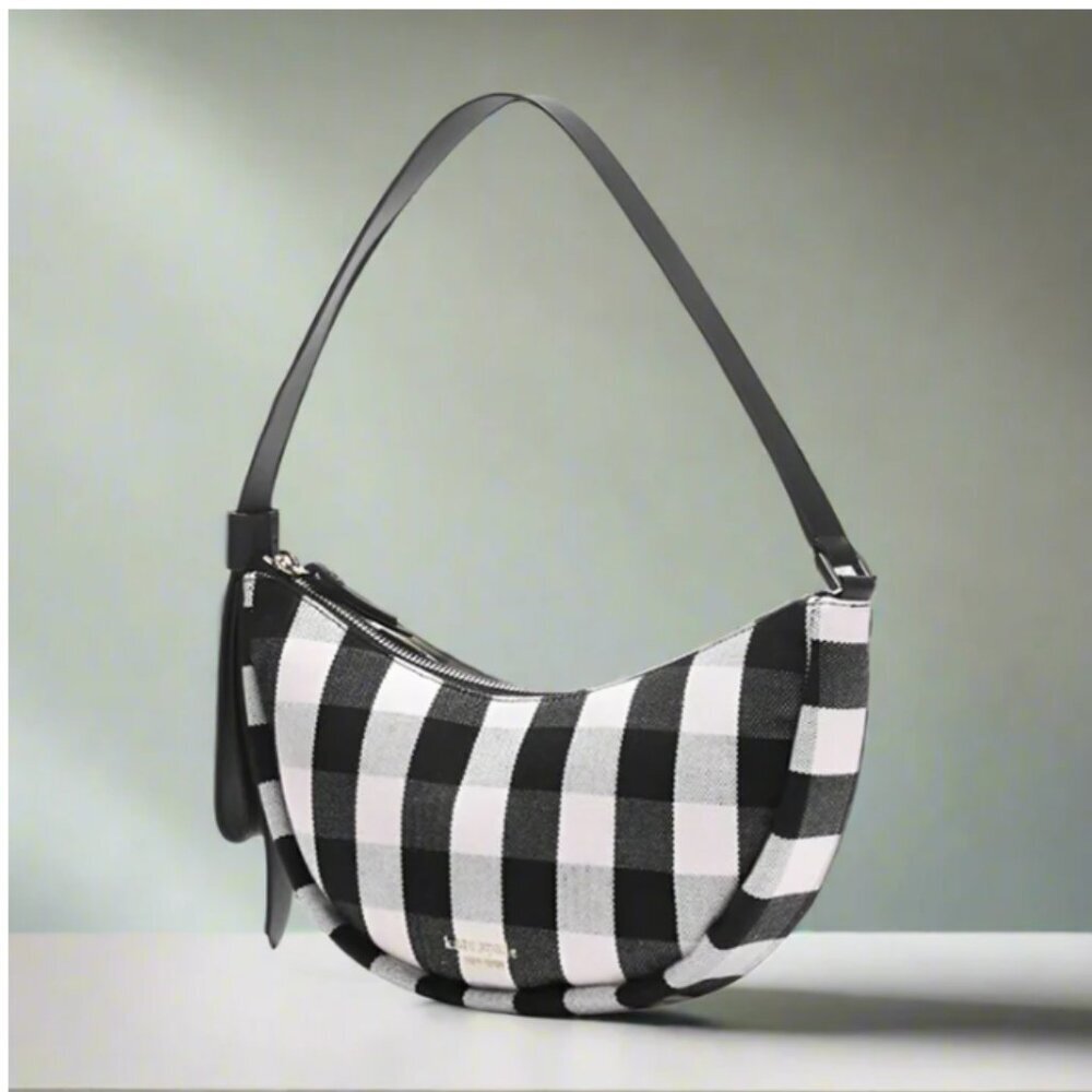 Kate Spade Smile Shoulder Bag Black Gingham Small Leather Fabric Zip Top White